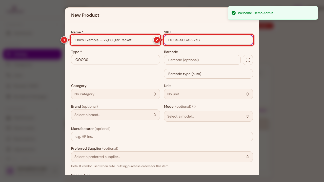 New Item form — Name and SKU