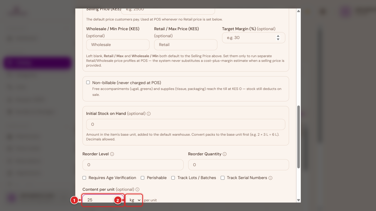 Content per unit — a 25 kg grammage example