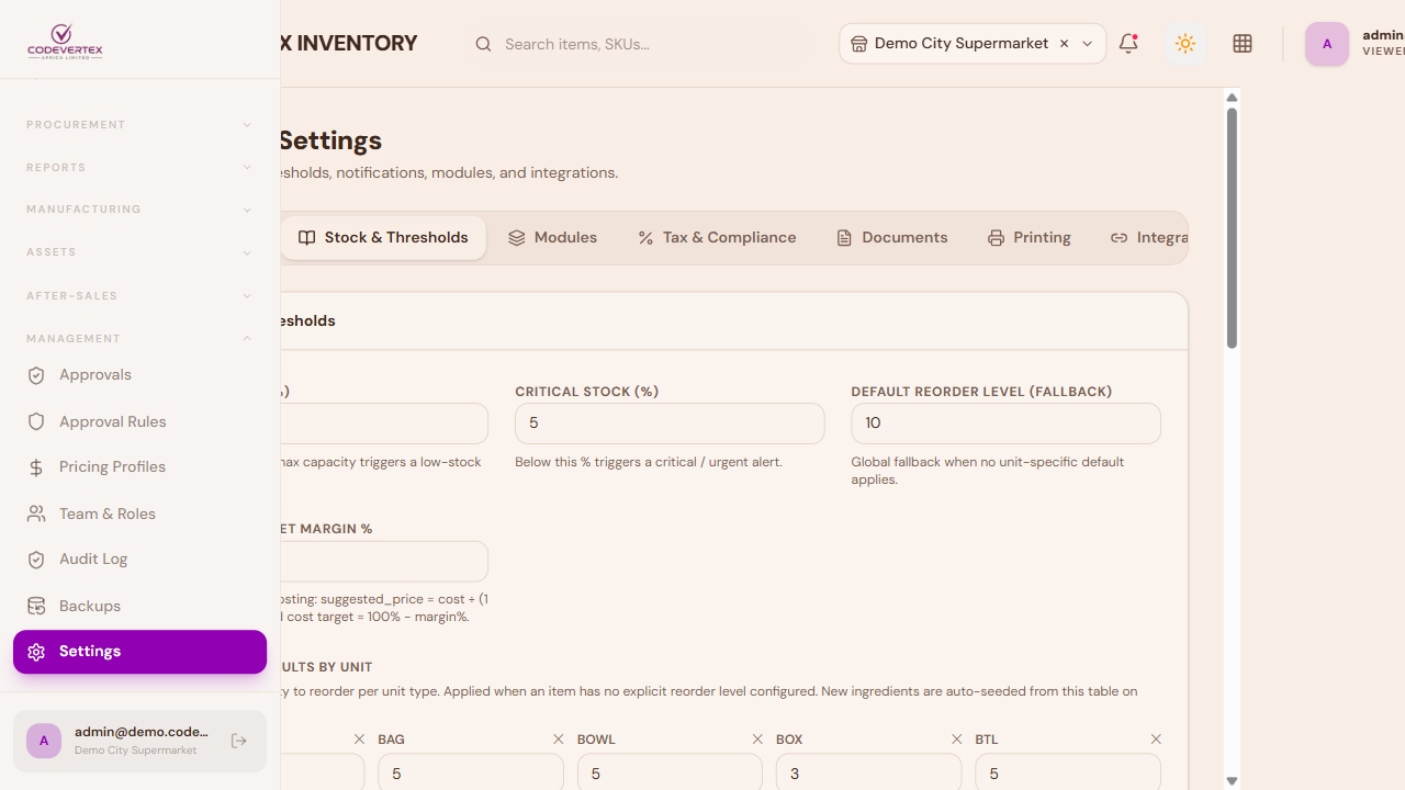 Settings — Stock & Thresholds