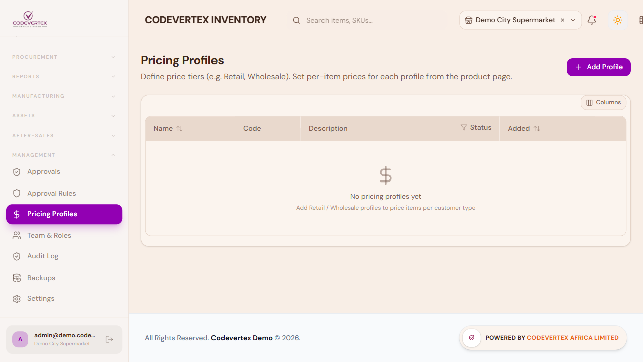Pricing Profiles list
