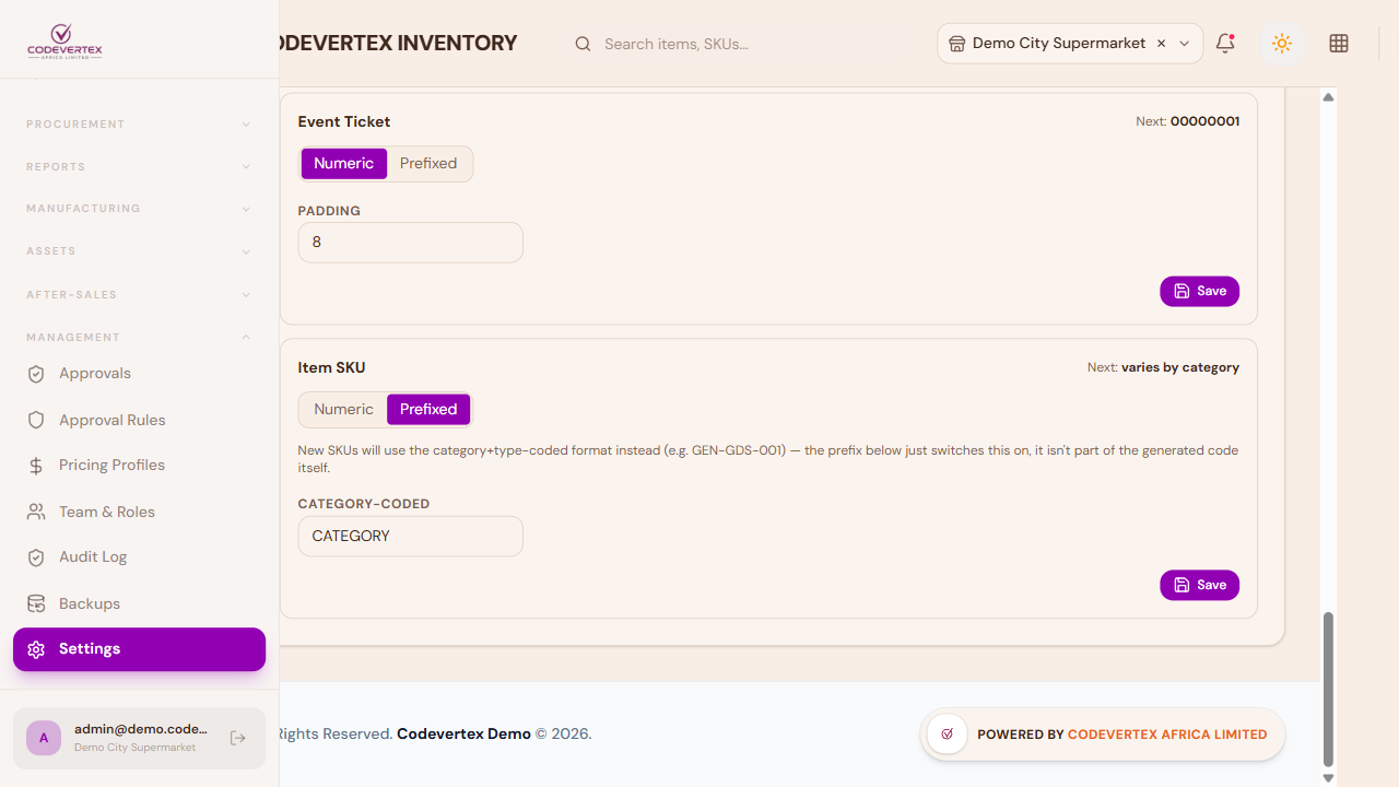Settings — Documents, Item SKU numbering