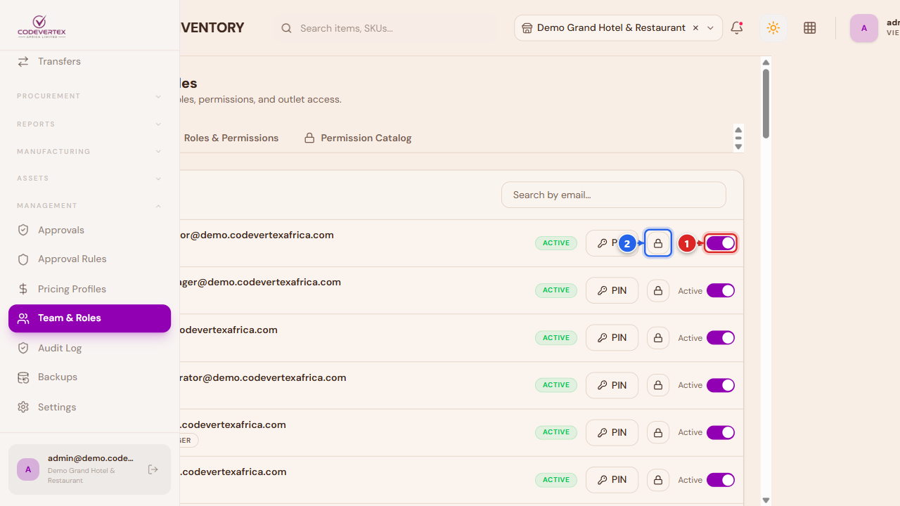 Team row actions — Active toggle and Reset password