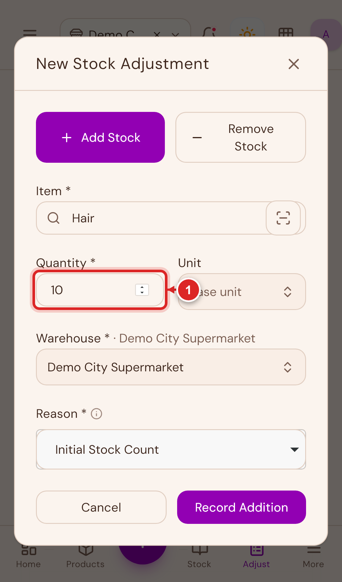 Stock Adjustment form on mobile