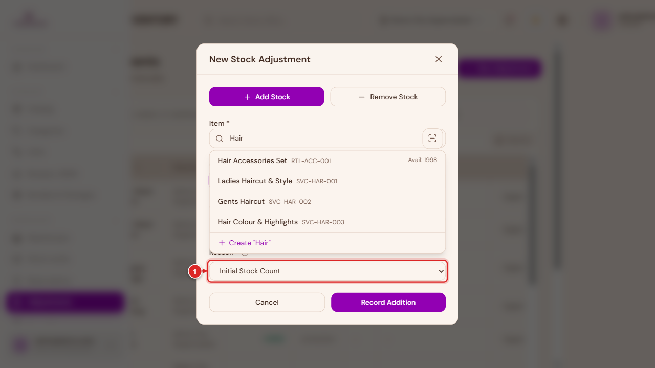 Reason dropdown, Initial Stock Count highlighted