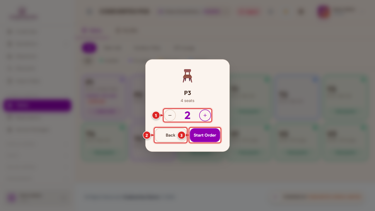 Seat Guests — guest count, Back, Start Order