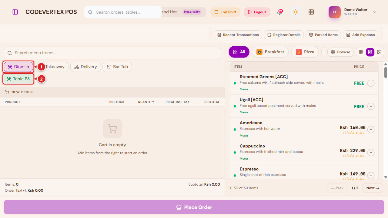 Order Type selector — Dine-In, Takeaway, Delivery, Bar Tab — and the attached table