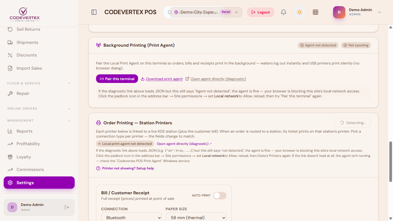 Detect Printers result — agent-not-detected guidance shown inline