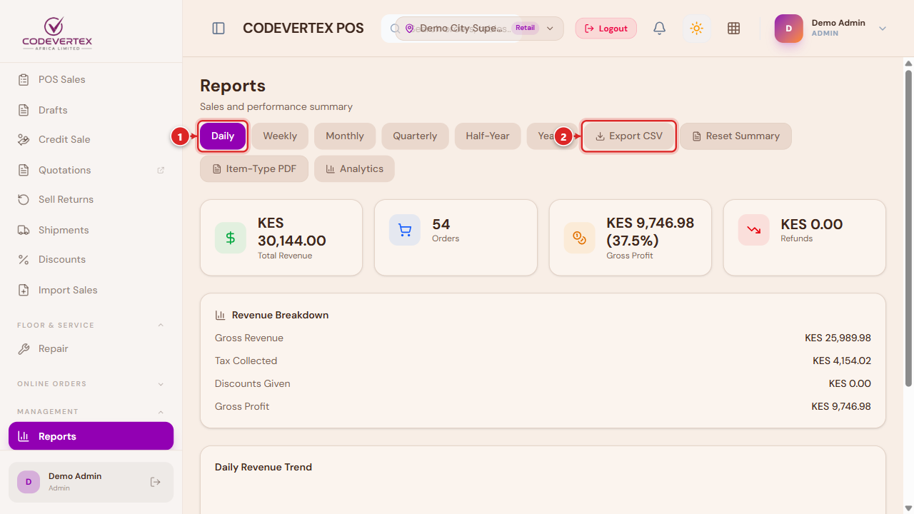 Reports landing — period pills and Export CSV