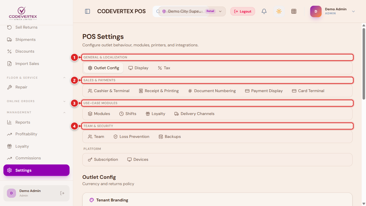 Settings — tab groups