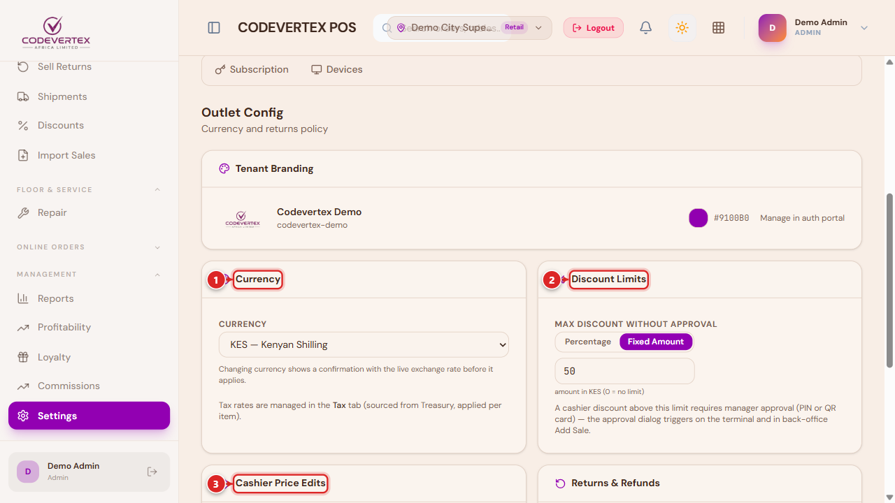 Outlet Config — Currency, Discount Limits, Cashier Price Edits