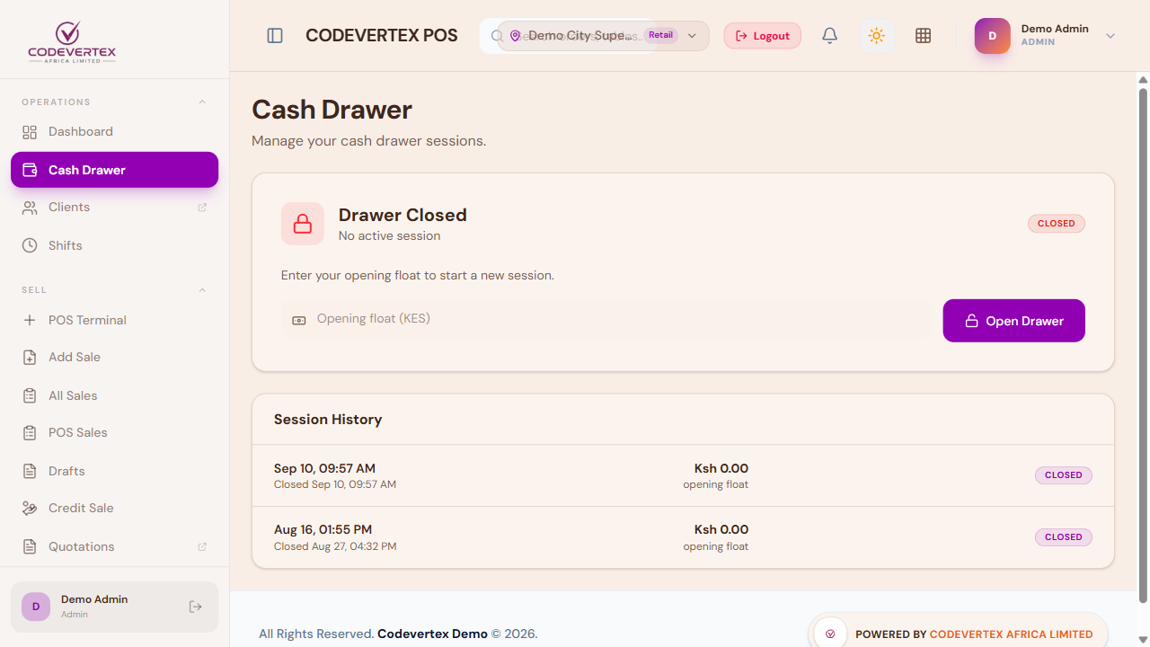 Cash Drawer status and session history