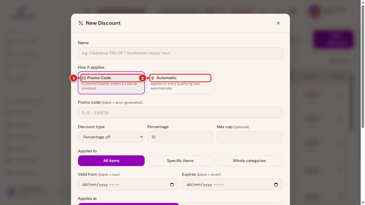 New Discount — kind, scope, and rules