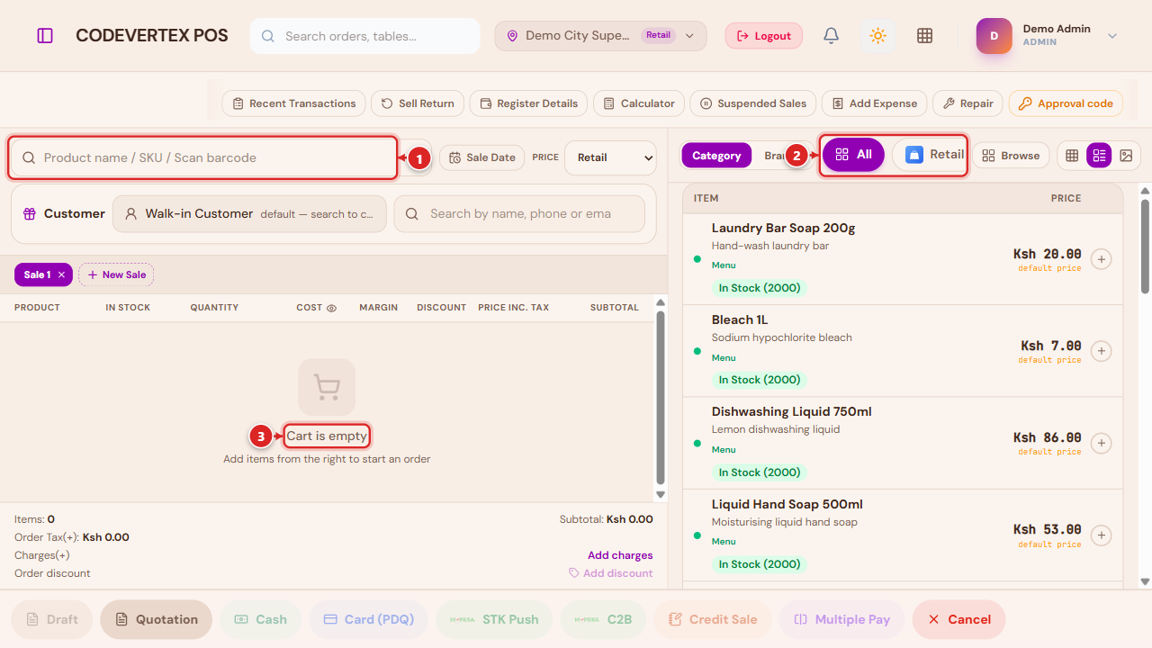 Terminal overview — search, categories, product grid, and an empty cart