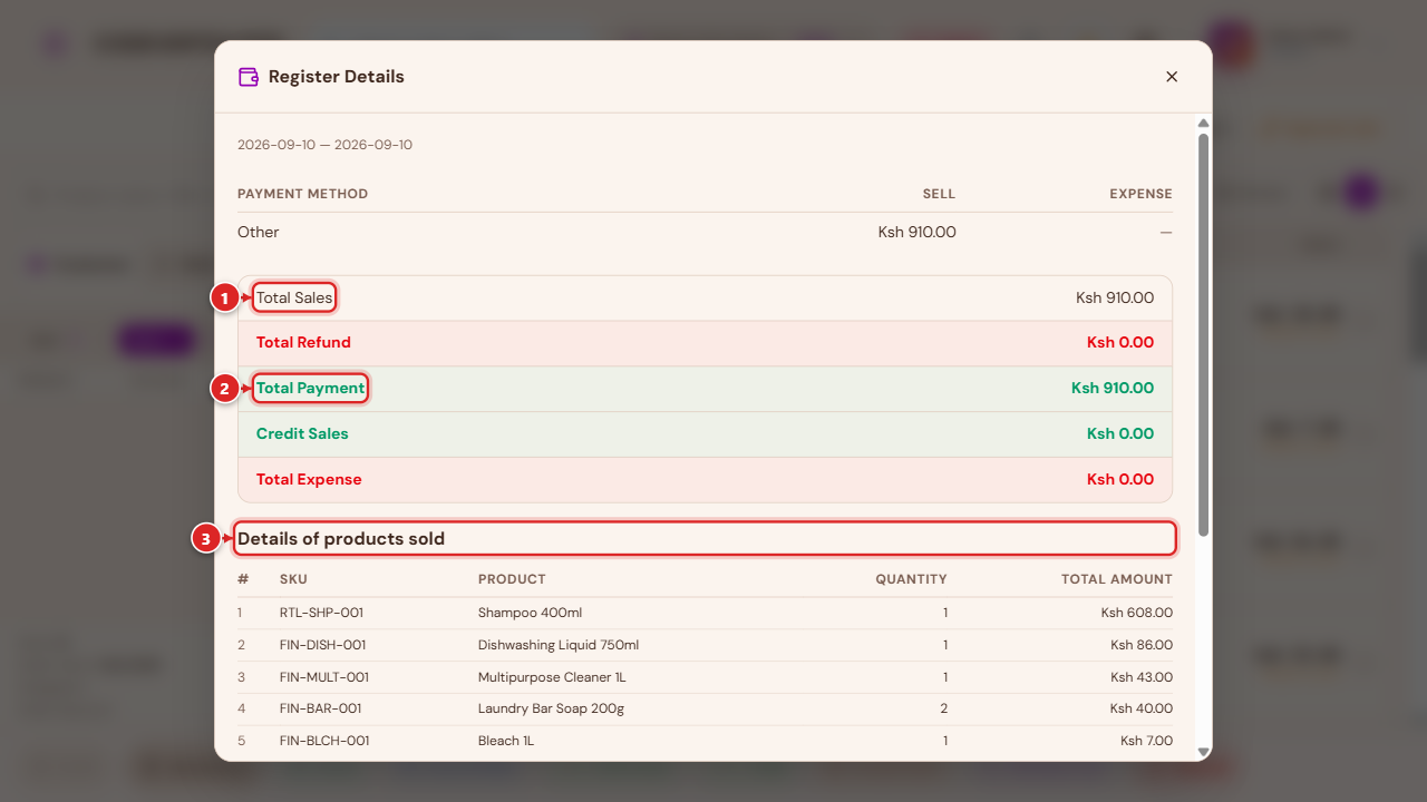 Register Details — payment breakdown and shift totals