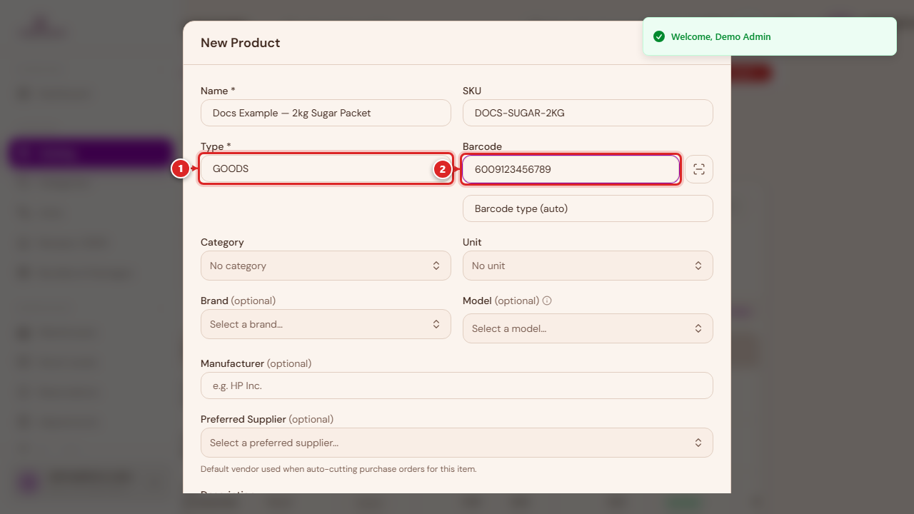 Type and barcode fields