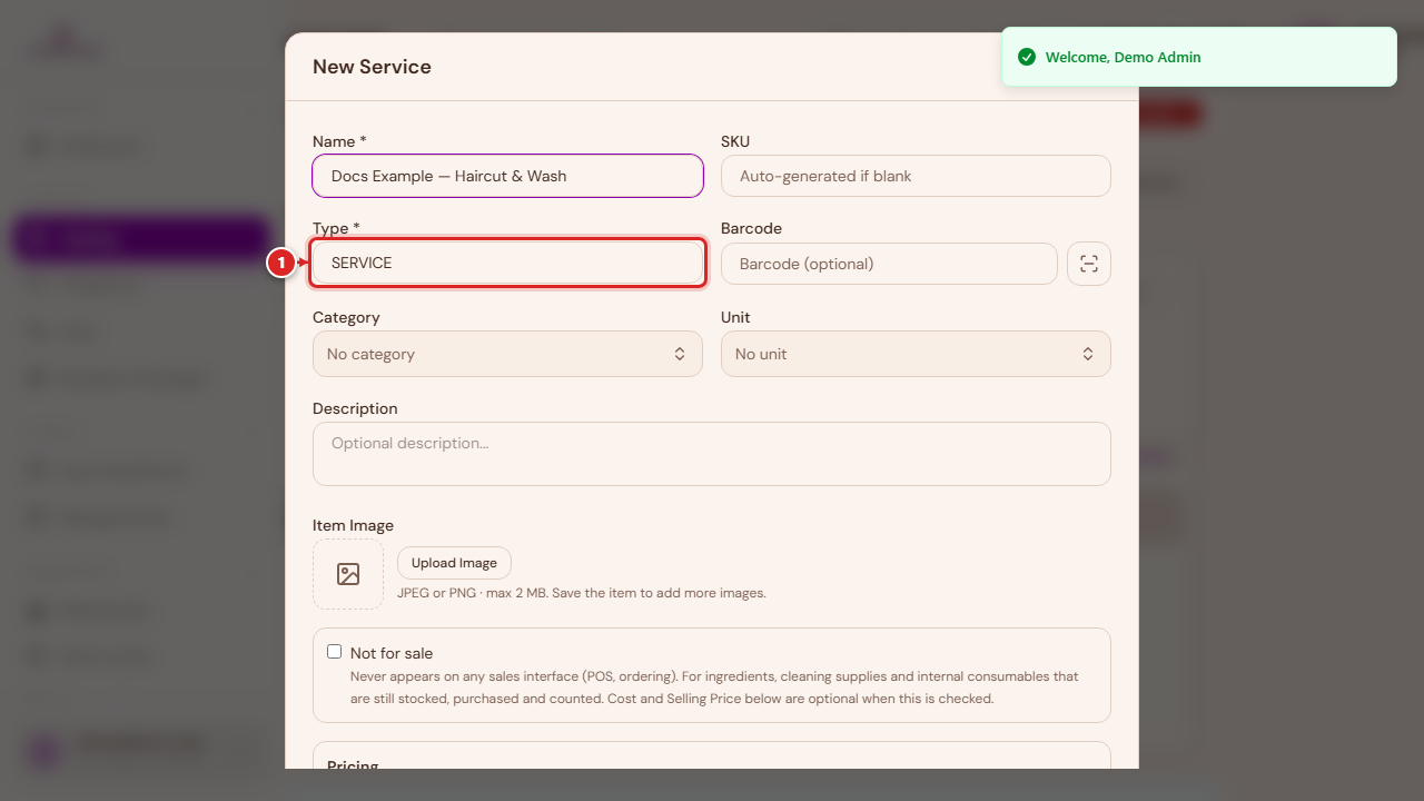 Service type selected