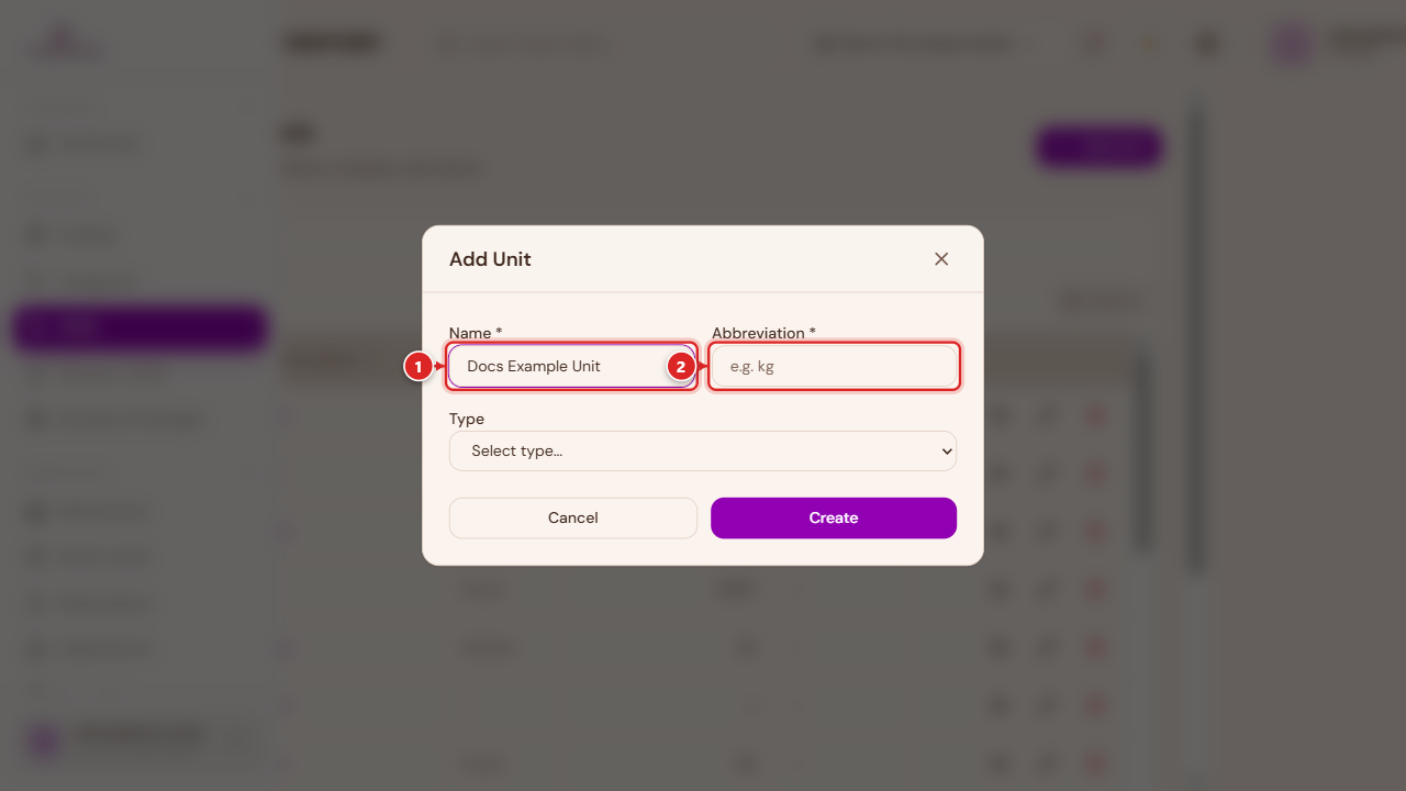 Add Unit dialog