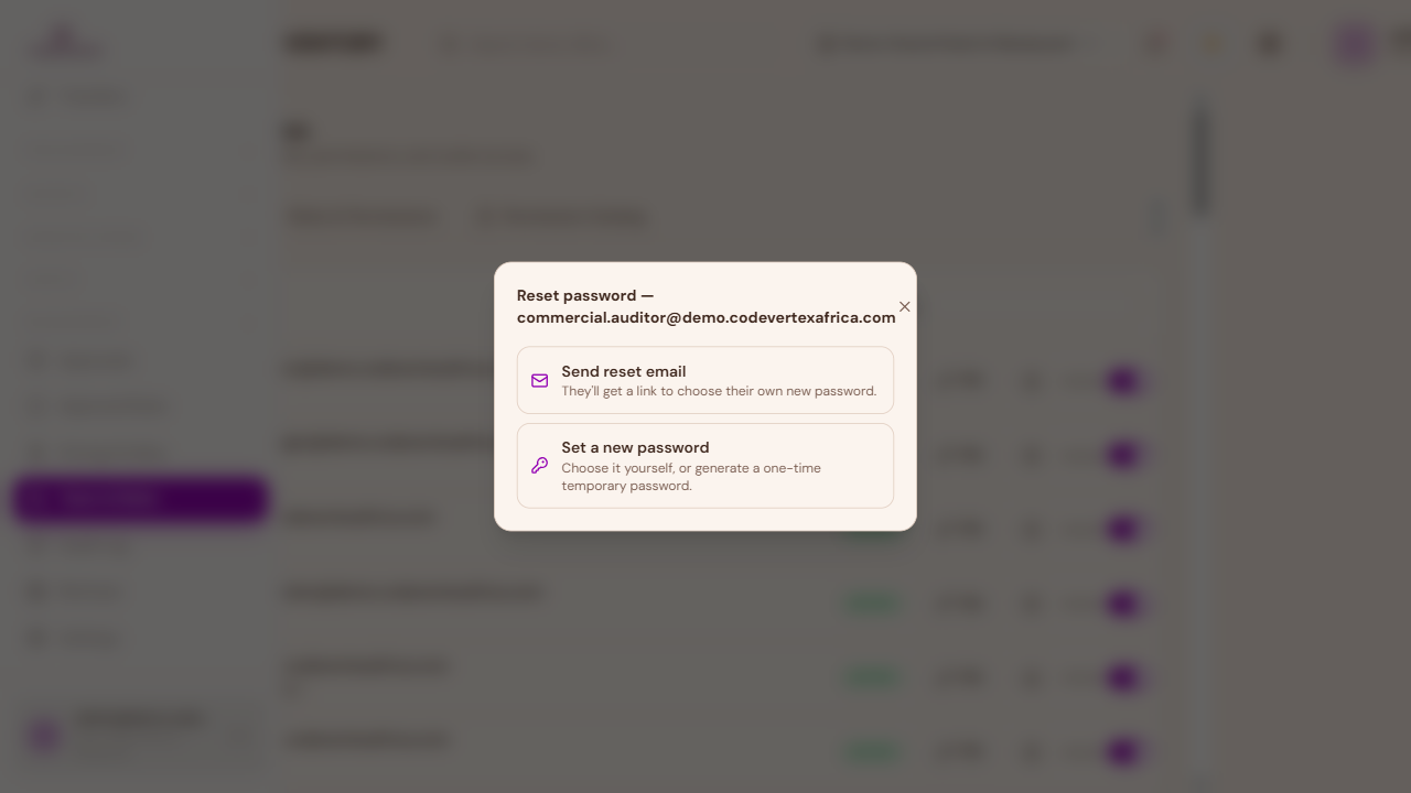 Reset Password dialog — choose a method