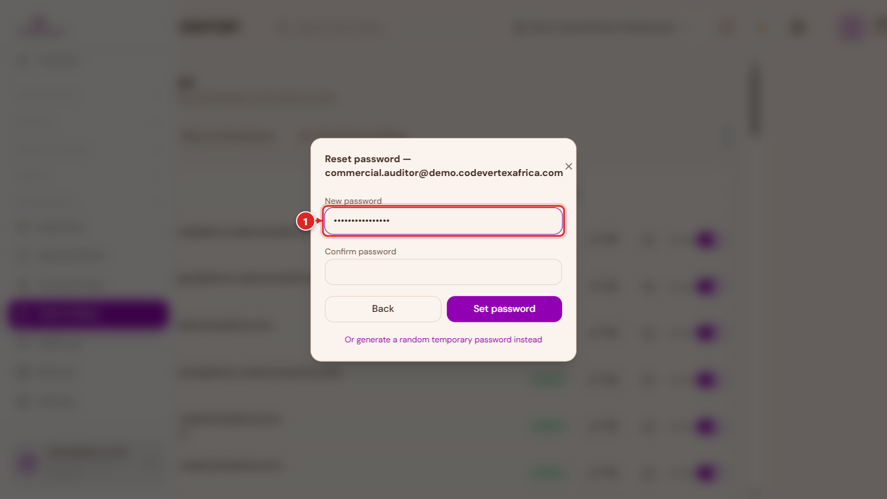 Reset Password dialog — set a new password
