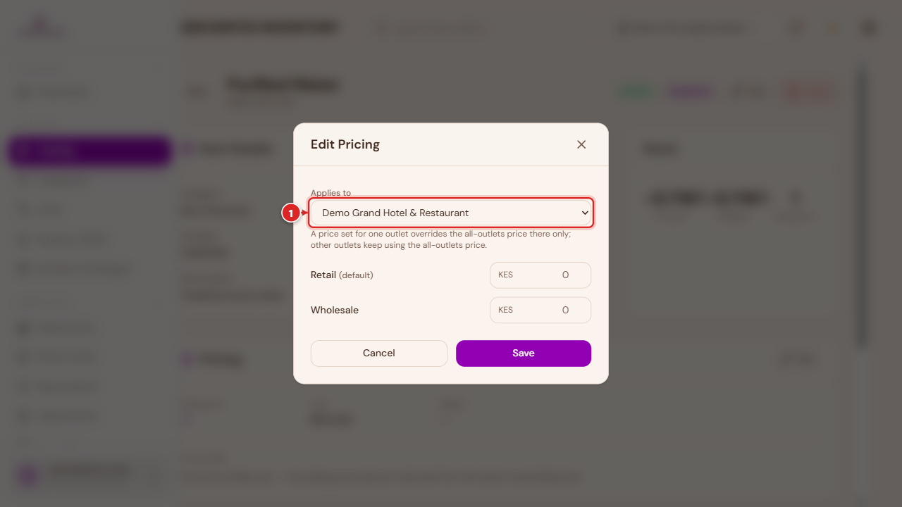 Outlet-scoped pricing — Edit Pricing with an outlet picker