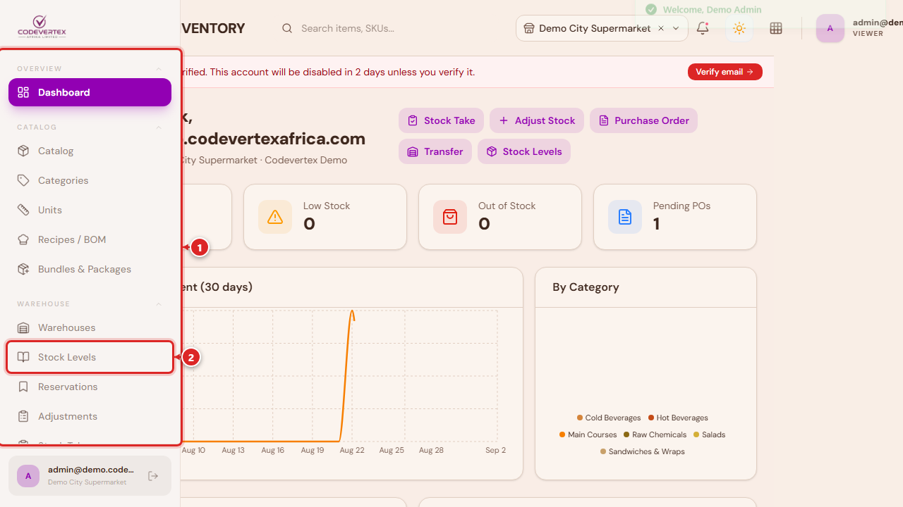 Desktop dashboard — sidebar and quick actions