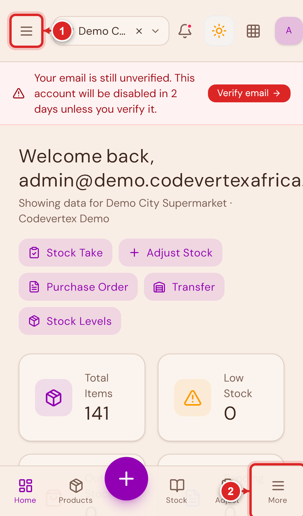 Mobile dashboard — open menu and More tab