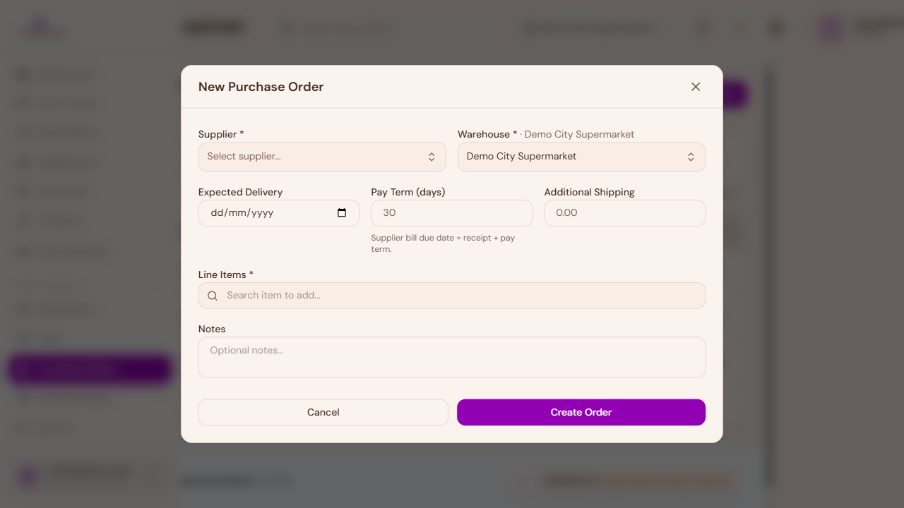 Purchase order supplier and warehouse