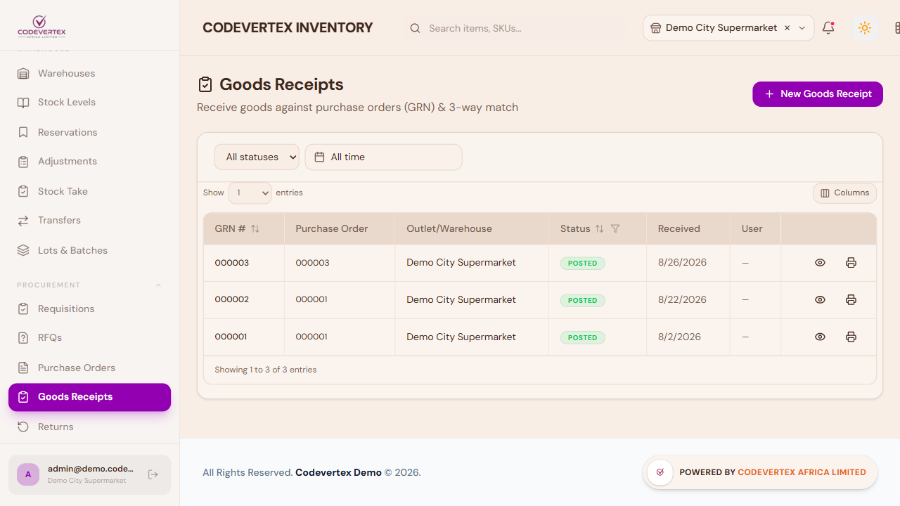 Goods Receipts list