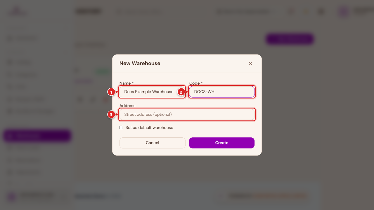 New Warehouse form