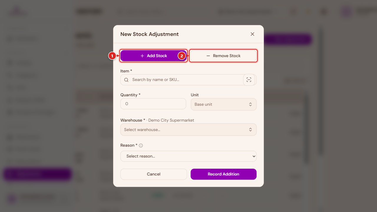 Add Stock / Remove Stock toggle