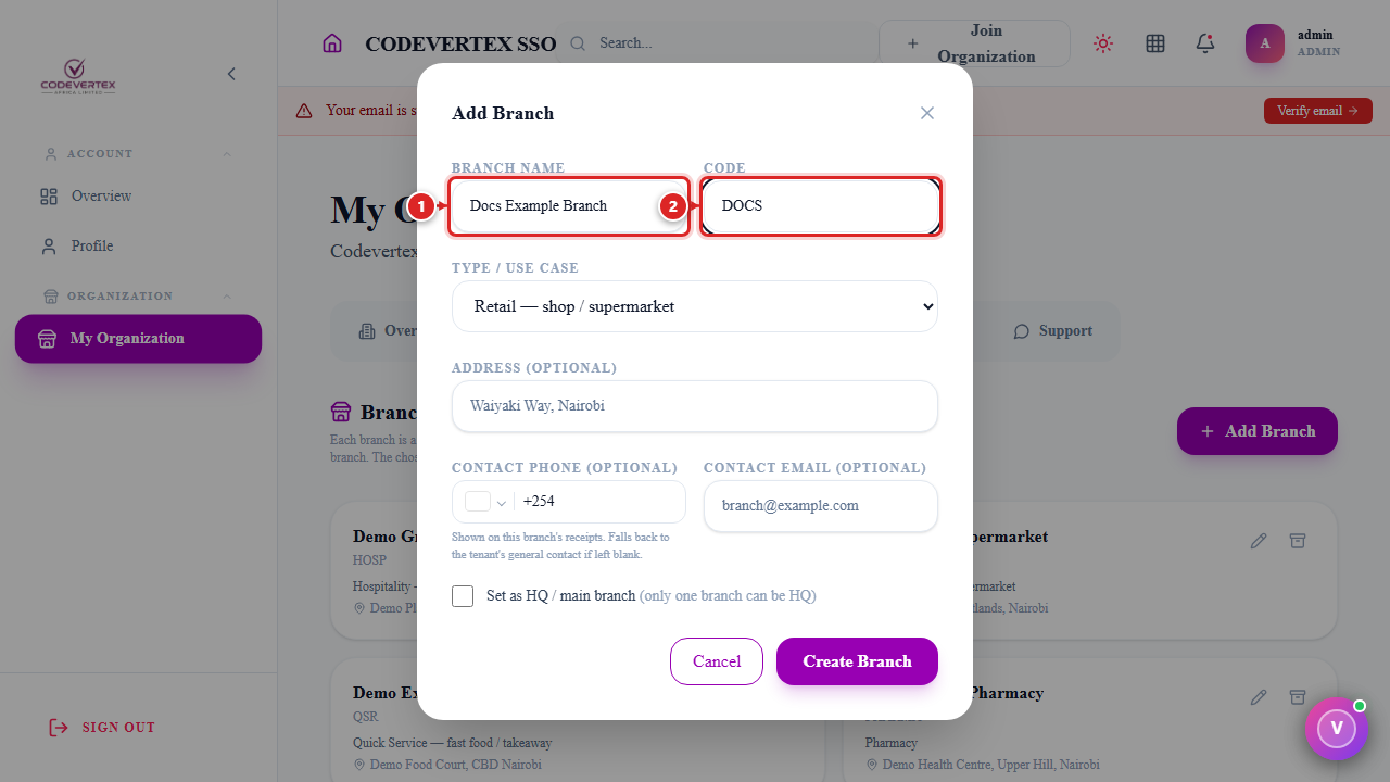Add Branch form