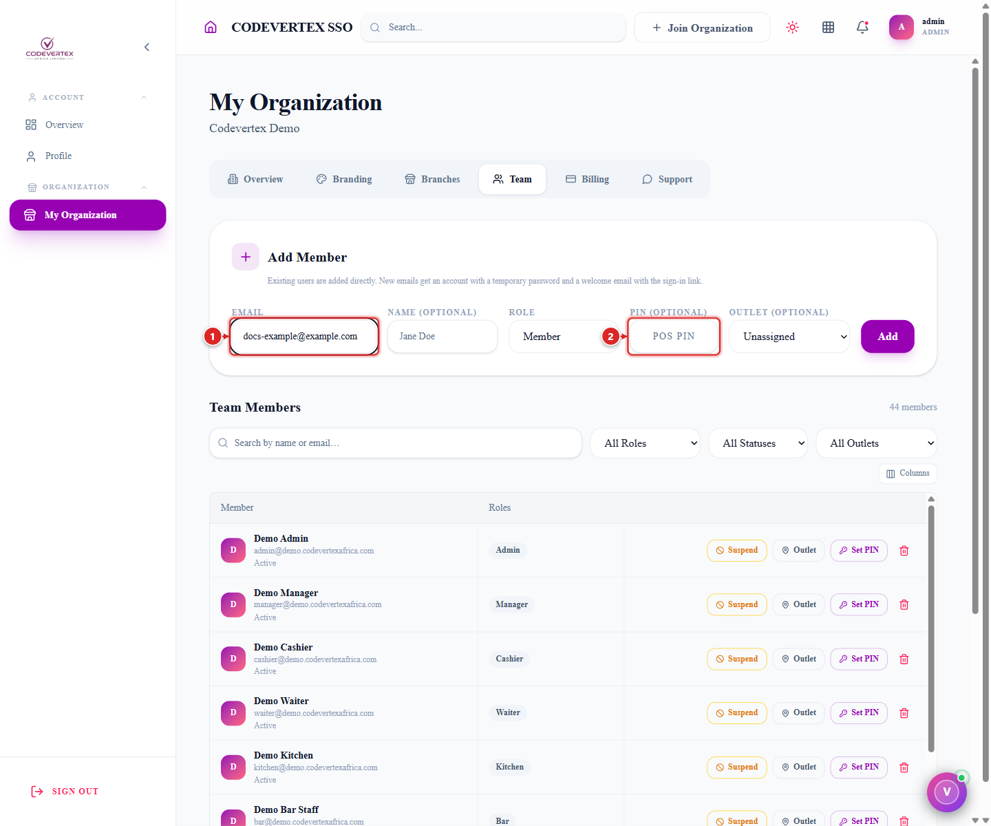 Team tab — Add Member and Team Members list