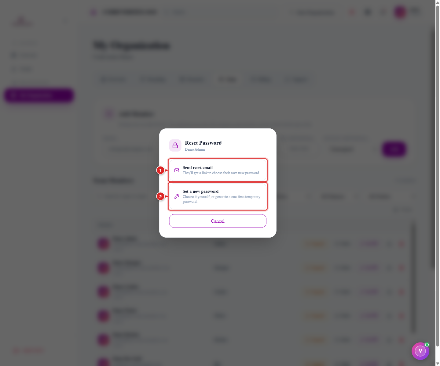 Reset Password dialog — choose a method