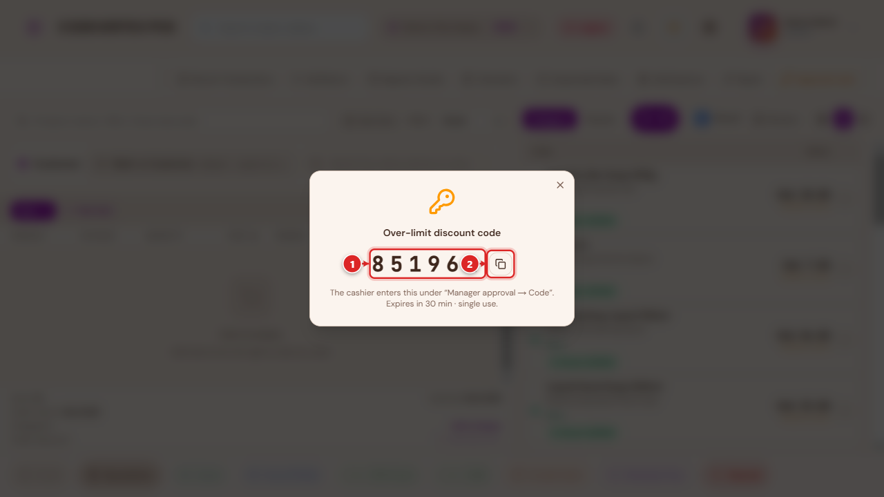 Generated approval code, ready to share with the cashier