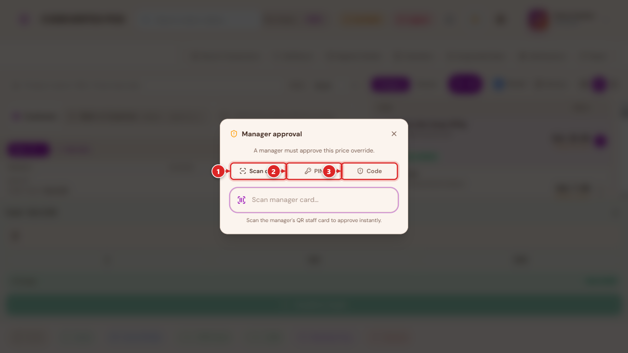 Manager approval dialog — Scan card, PIN, and Code