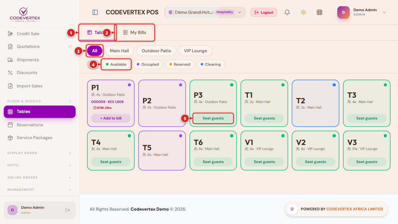 Tables — tab bar, section filter, status filter, and a table grid