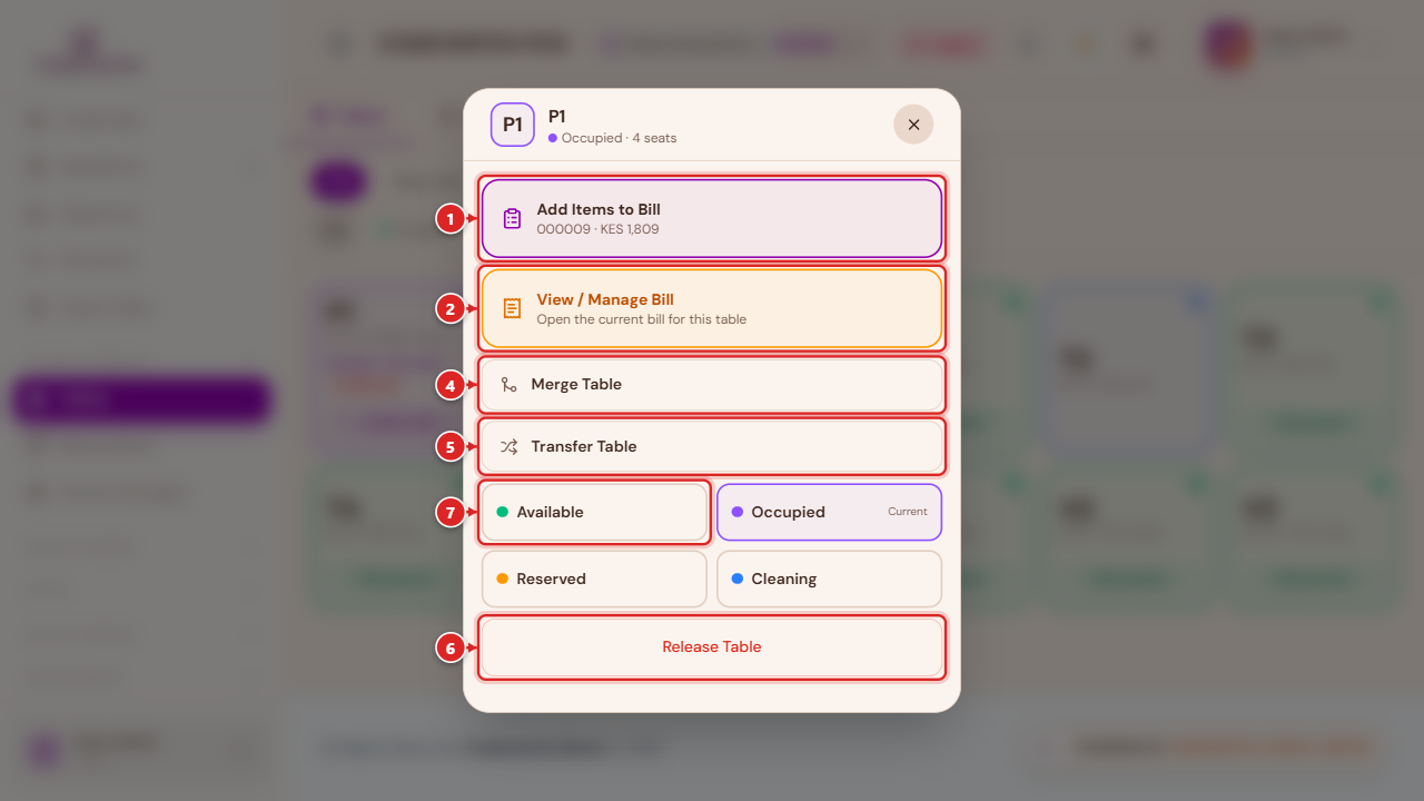 Table action sheet — Add Items to Bill, View/Manage Bill, Merge, Transfer, status, Release