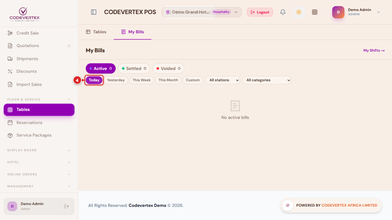 My Bills — Active/Settled/Voided, and the period filter