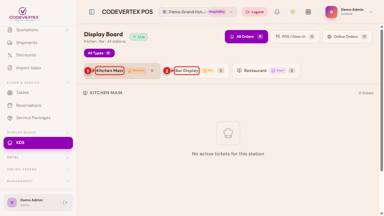 KDS — station tabs and ticket queue