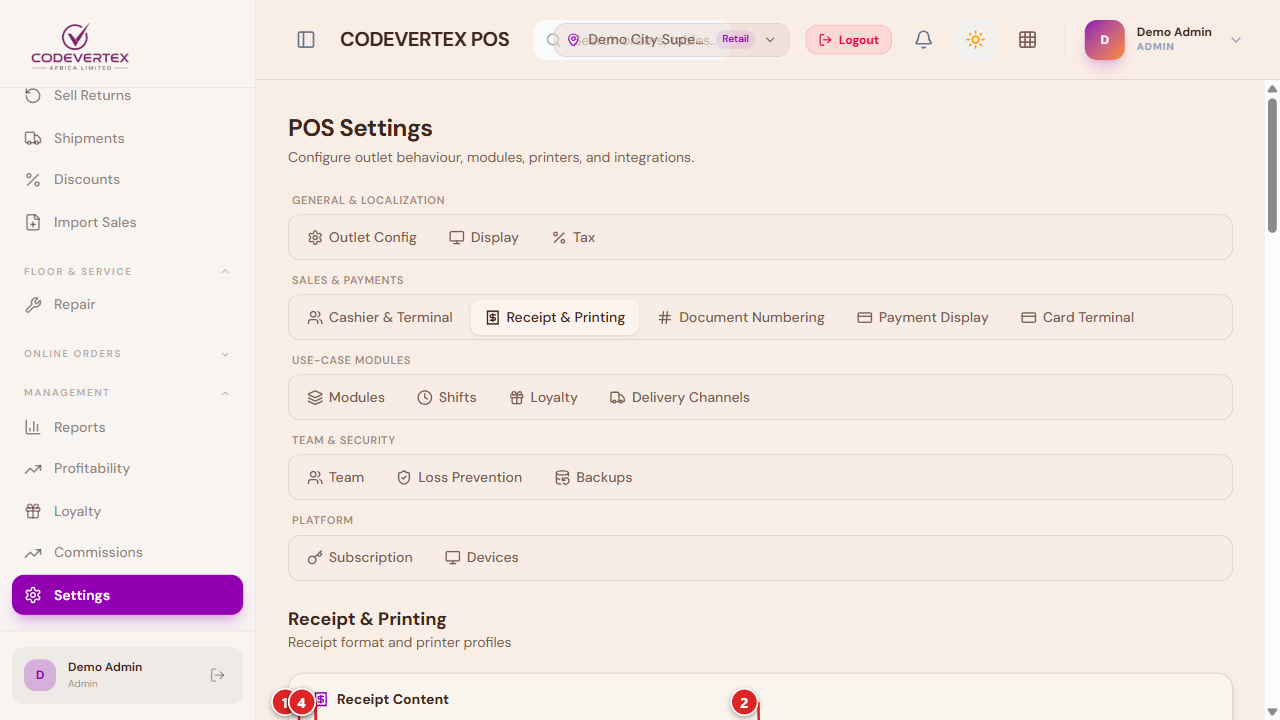 Receipt content — Header, Footer, and display toggles