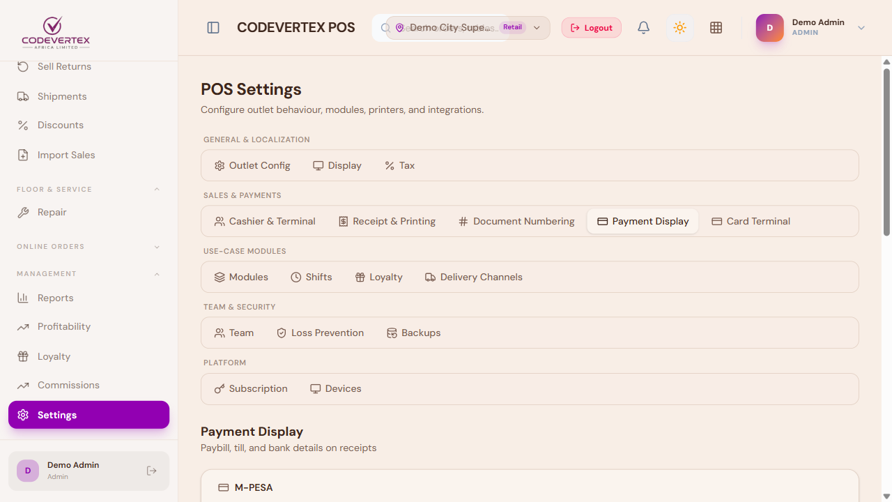 Payment Display — paybill/till and bank details