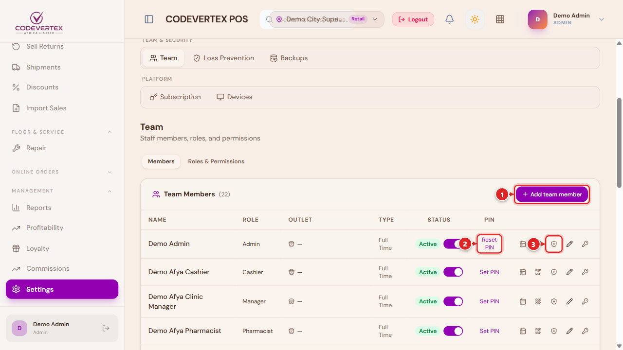 Team Members — Add team member, Reset PIN, Extra roles