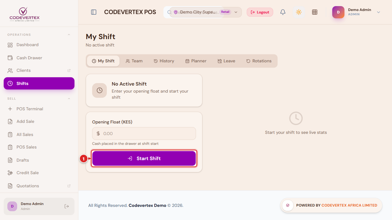 Shifts — Opening Float, Start/End Shift