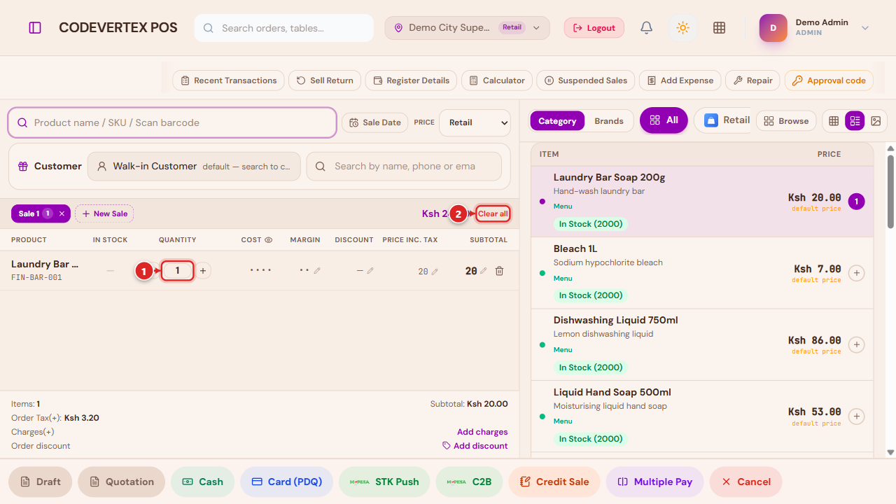 An item added to the cart, with quantity, discount, and totals visible