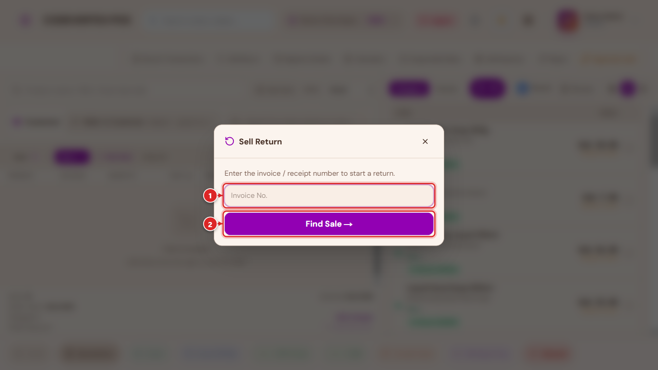 Sell Return — Invoice No. and Find Sale