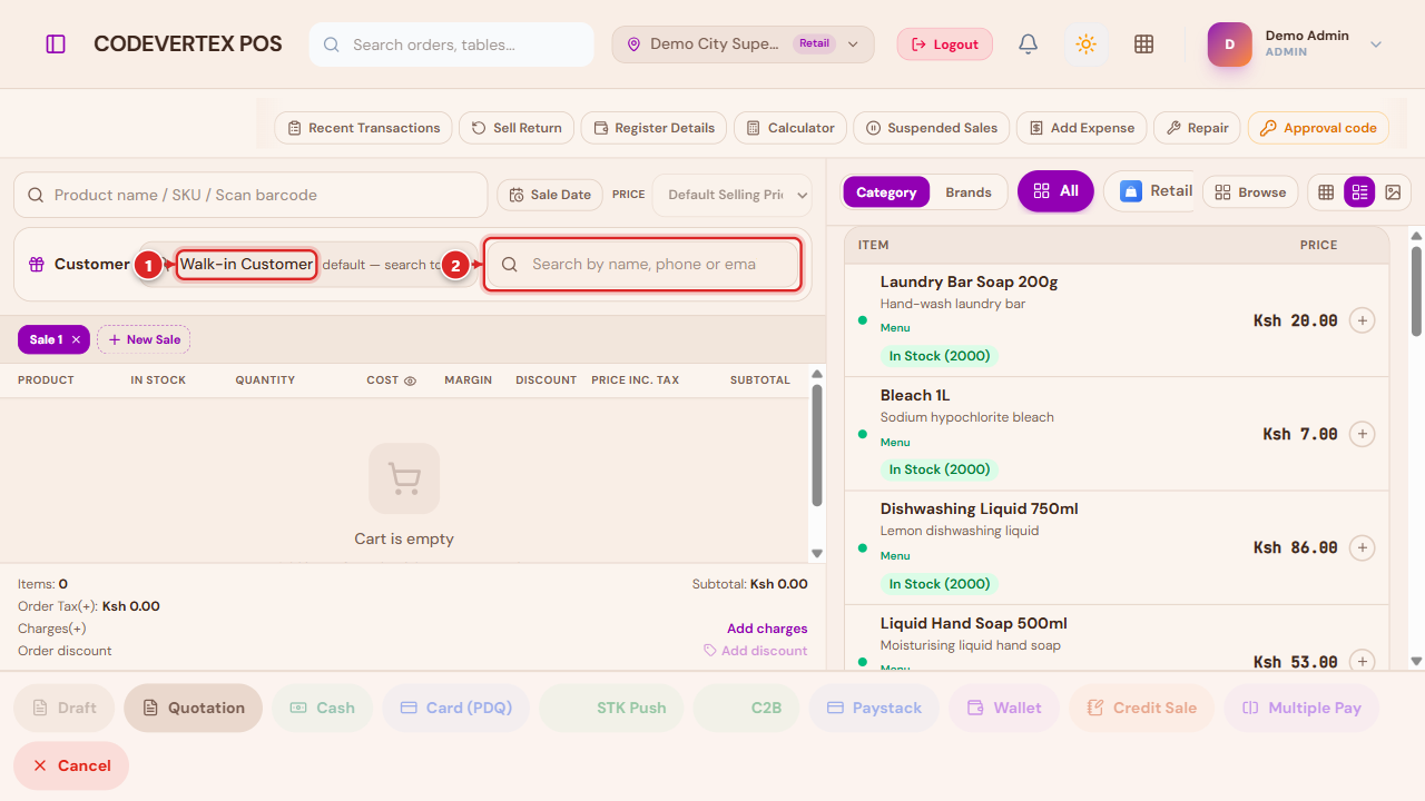 Walk-in Customer default, and the customer search field