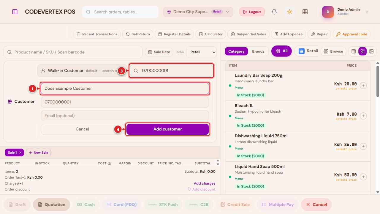 Add new customer — Name, Phone, Email